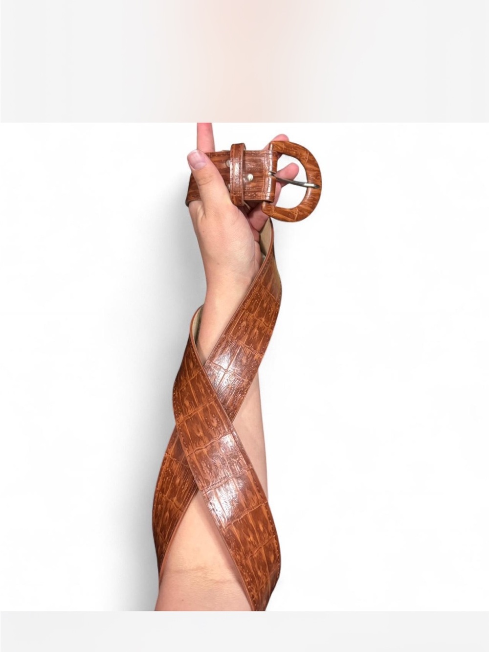 Cognac Croc-Embossed Leather Belt with Round Buckle